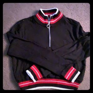 Half zip sweater. Black w red and white stripes.